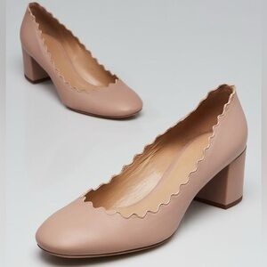 Chloe Pink Tea Leather Scalloped Lauren Mid-Heel Pumps, 37.5